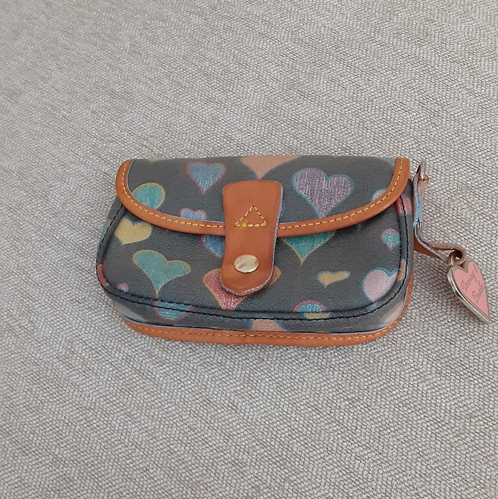 Dooney Bourke multi color print hearts and tan leather pouch